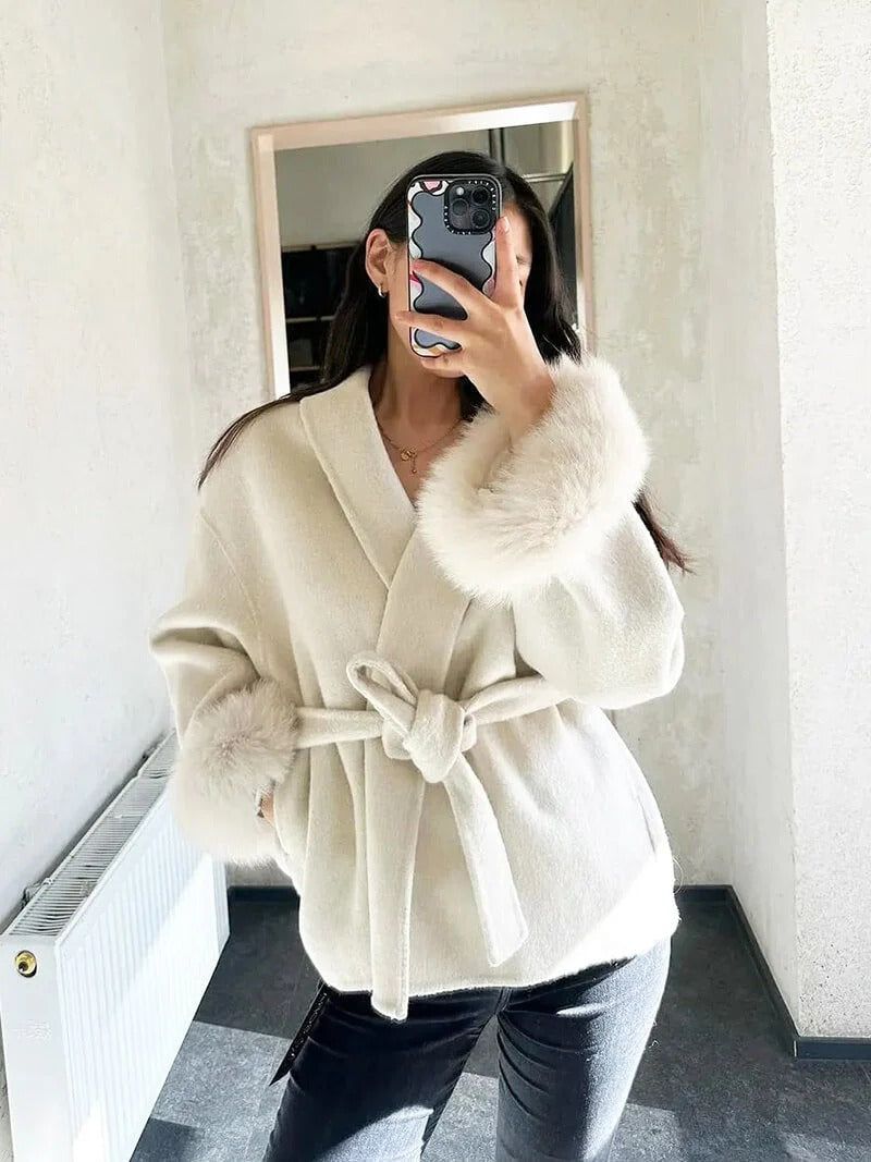 Belted Wrap Coat with Faux Fur Cuffs for Women