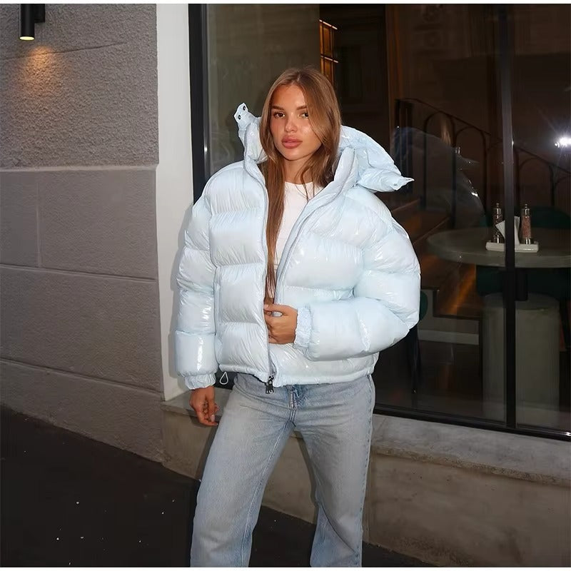 Glossy Oversized Hooded Puffer Jacket for Women