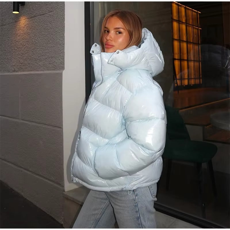 Glossy Oversized Hooded Puffer Jacket for Women
