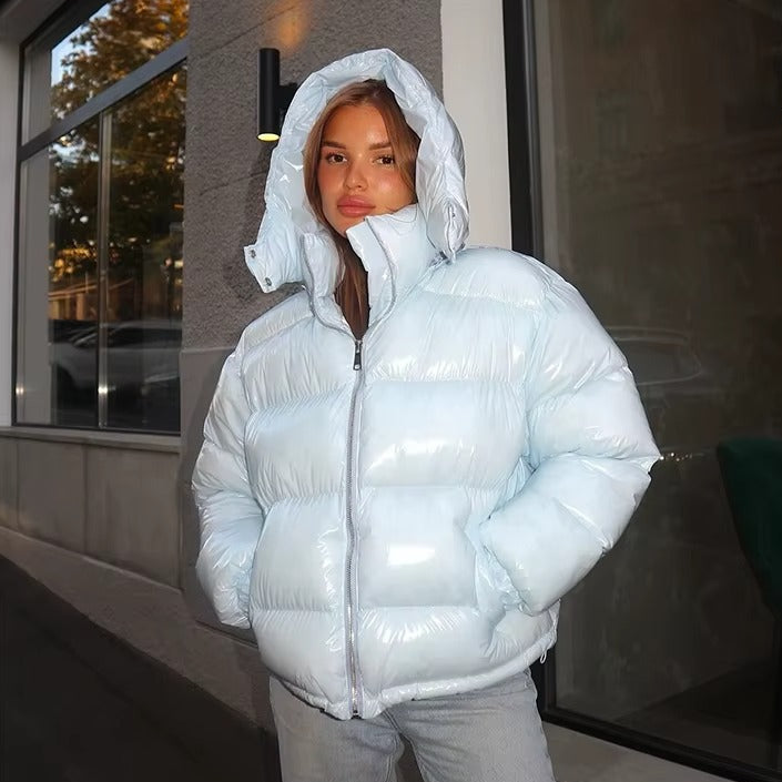 Glossy Oversized Hooded Puffer Jacket for Women