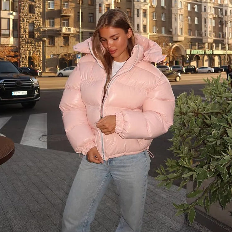 Glossy Oversized Hooded Puffer Jacket for Women