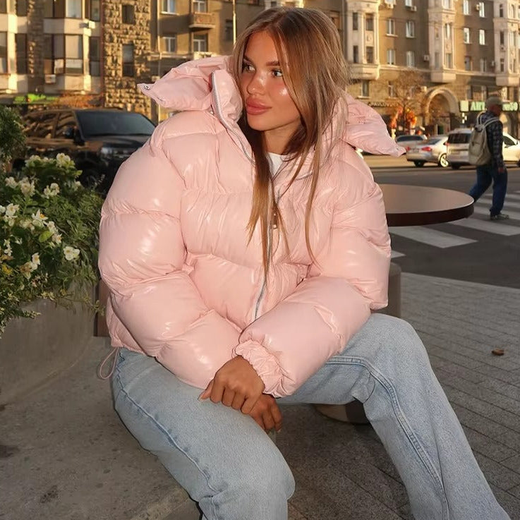 Glossy Oversized Hooded Puffer Jacket for Women