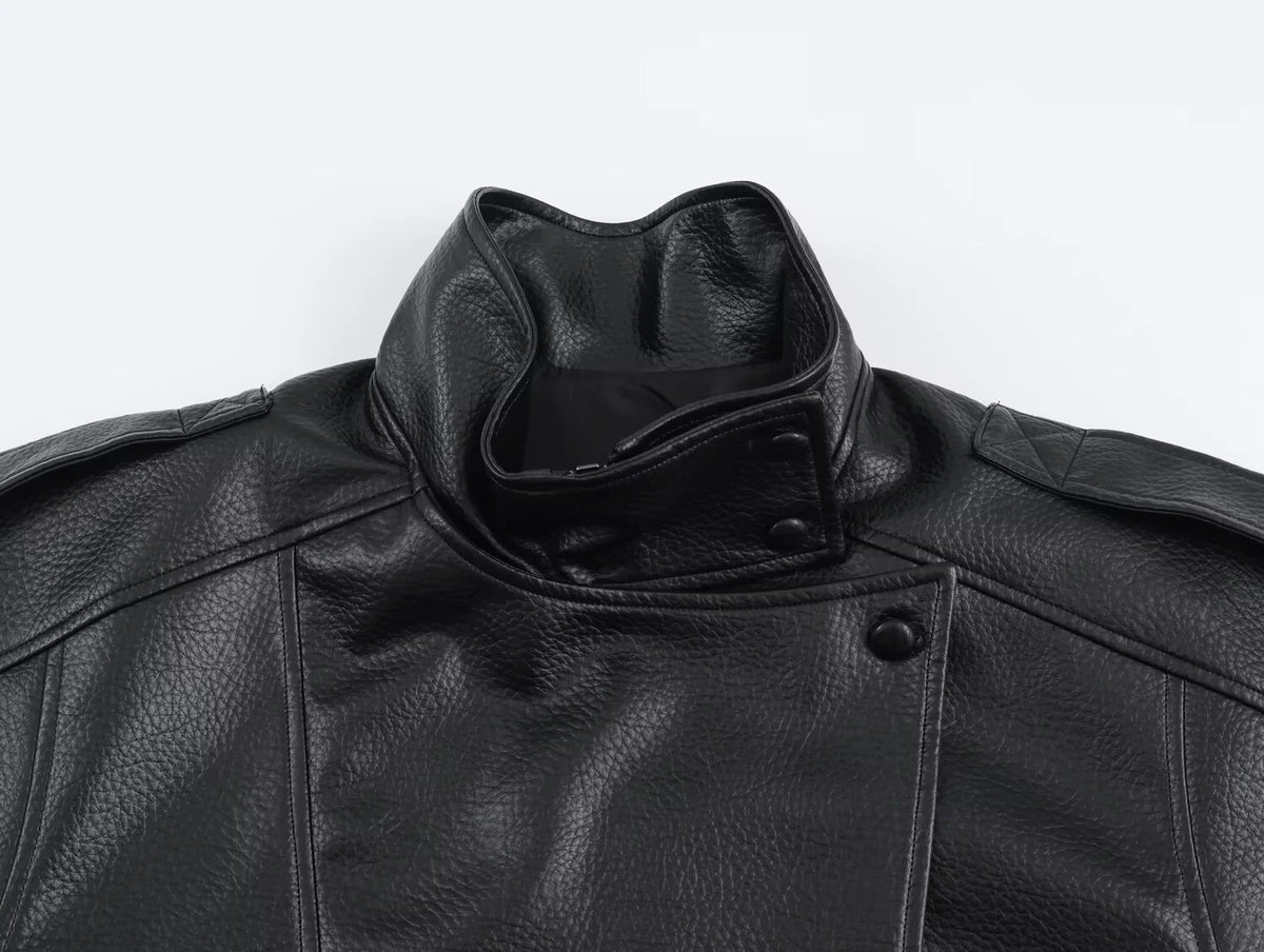 Faux Leather Jacket with High Neck for Women