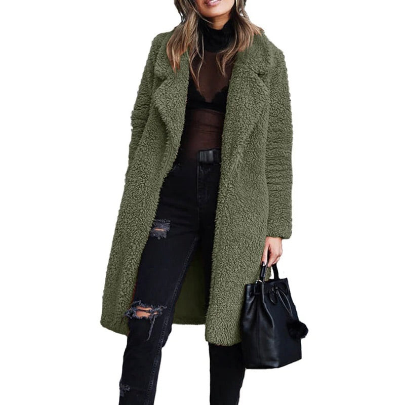 Long Open Front Collared Teddy Coat for Women