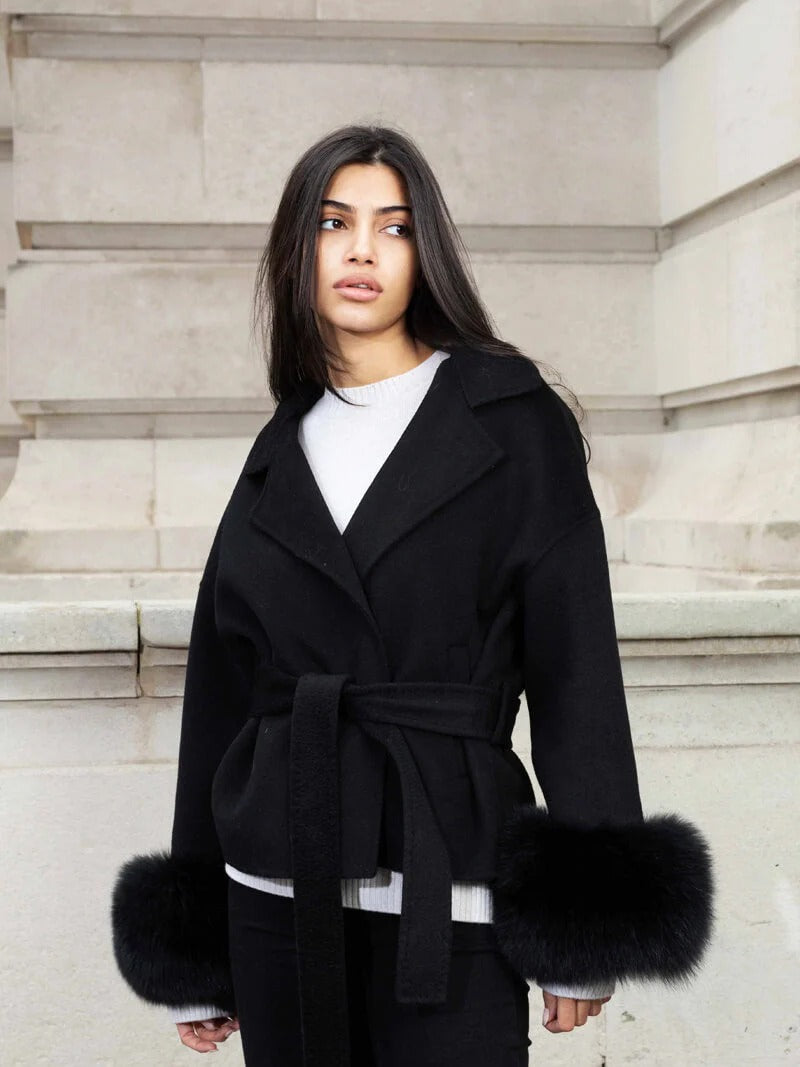 Belted Wrap Coat with Faux Fur Cuffs for Women