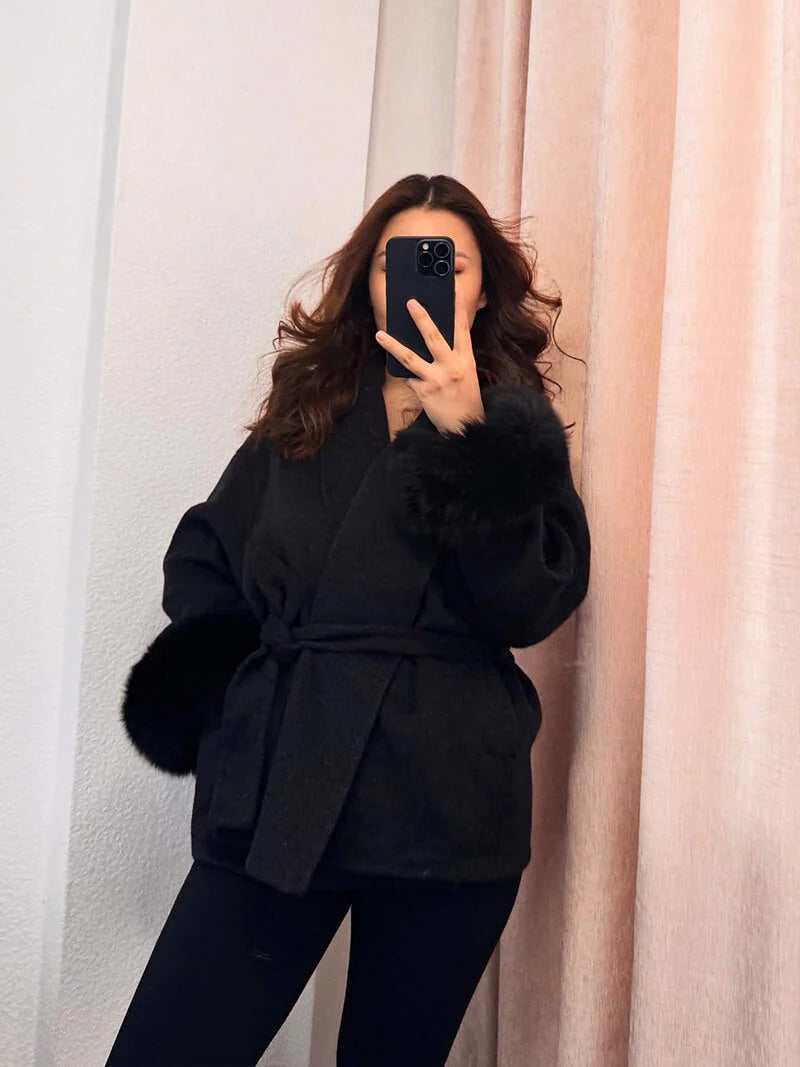 Belted Wrap Coat with Faux Fur Cuffs for Women
