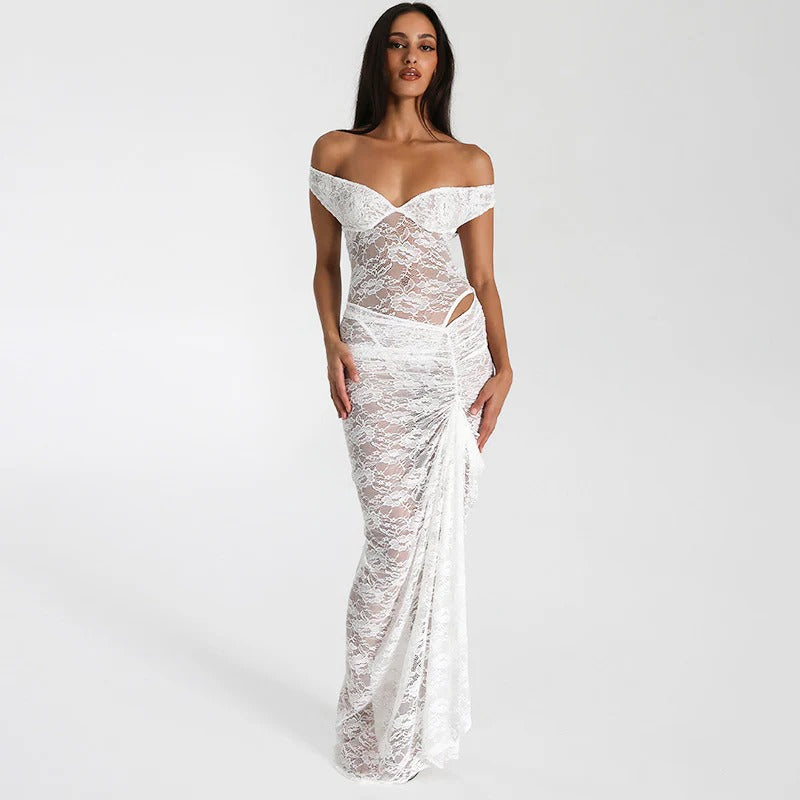 Lace Off-Shoulder Ruched Maxi Dress for Women