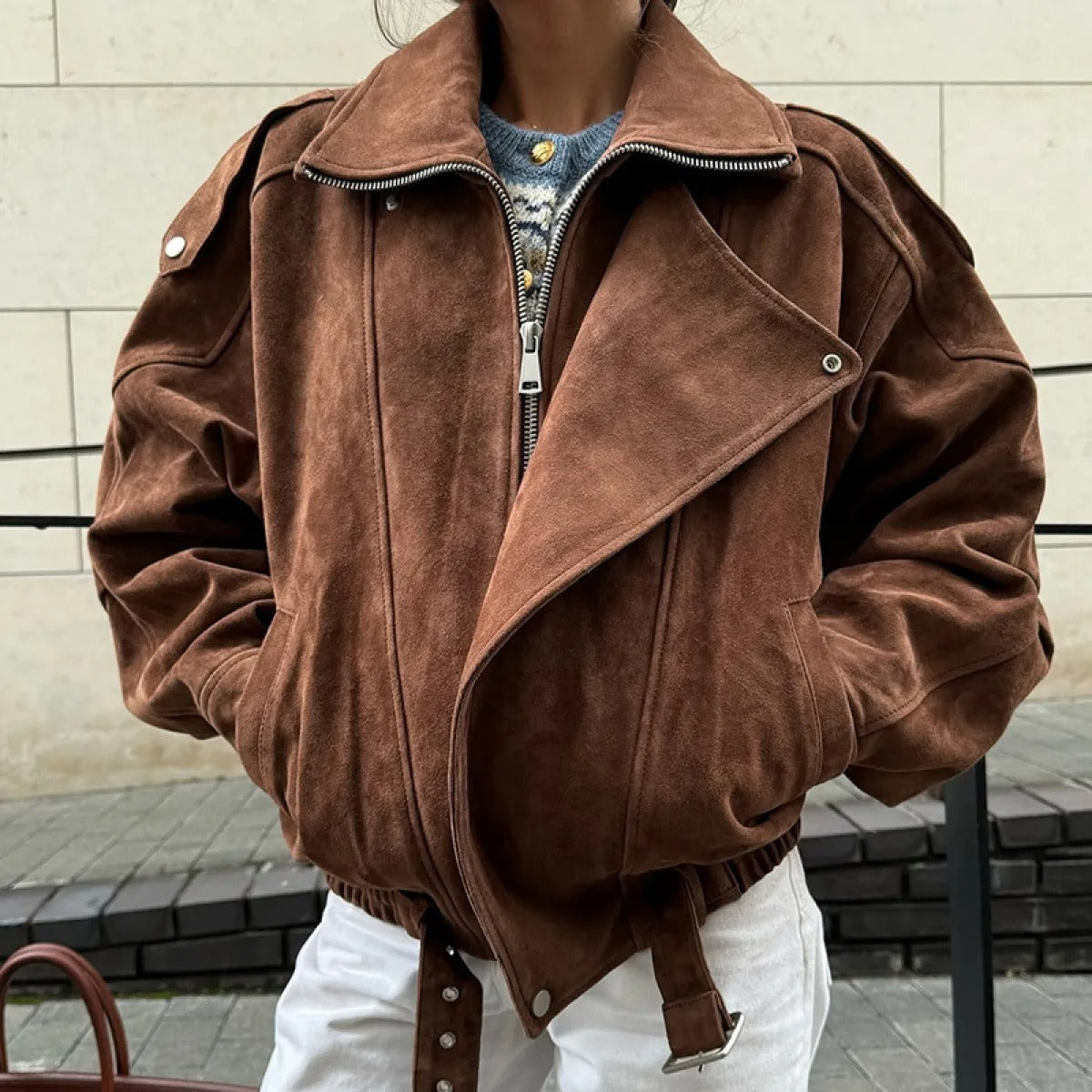 Faux Suede Oversized Bomber Jacket for Women