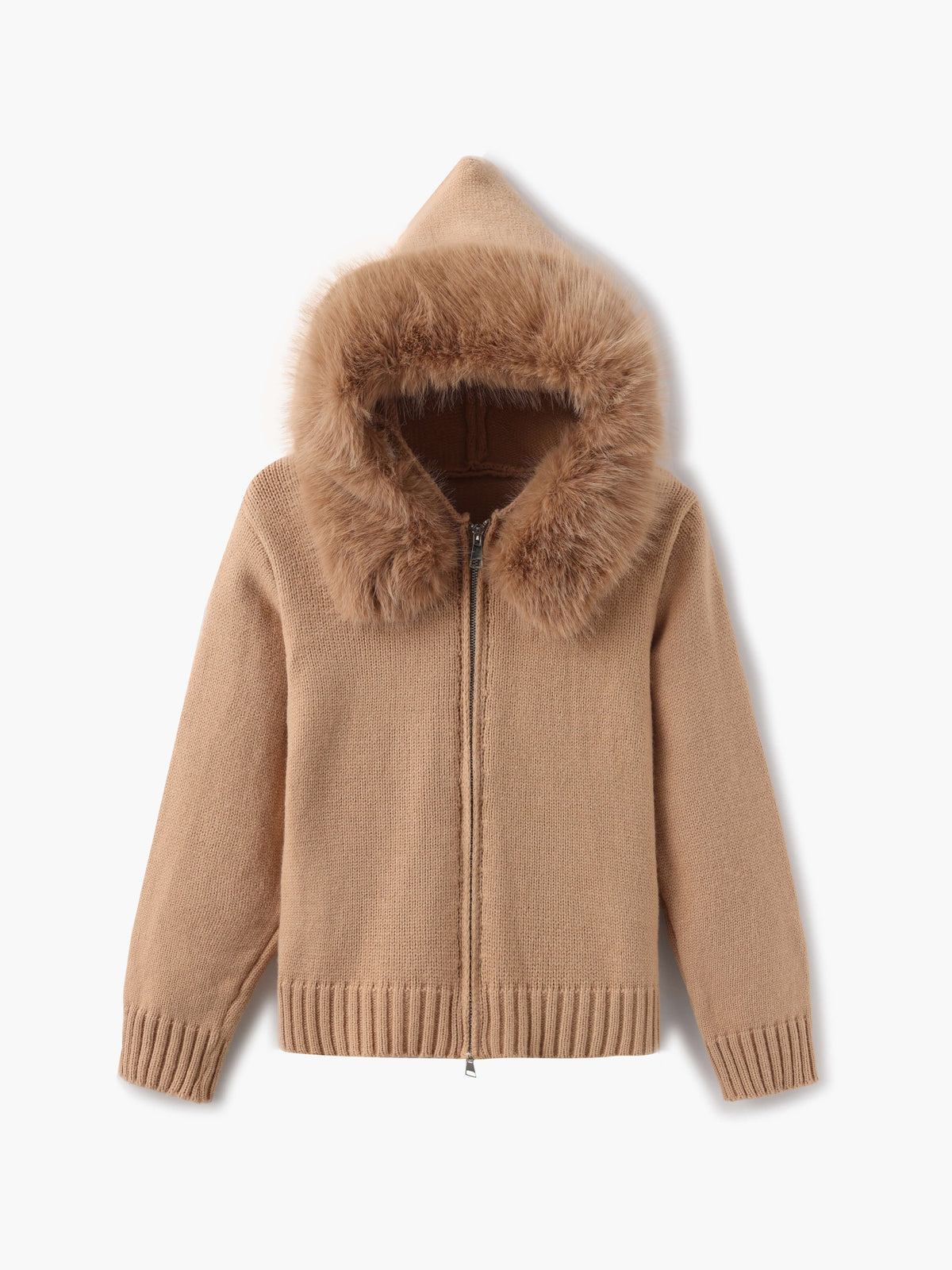 Knitted Zip Up Cardigan with Faux Fur Hood for Women