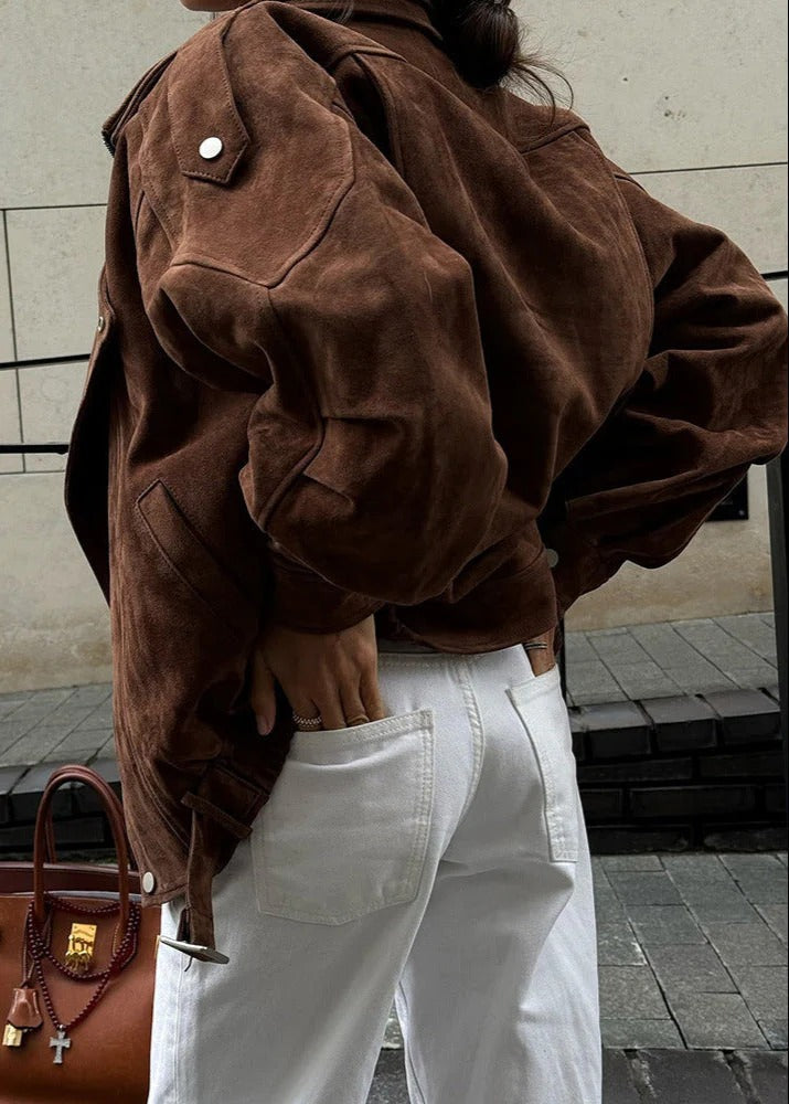 Faux Suede Oversized Bomber Jacket for Women