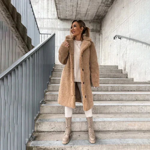 Teddy Coat with Notched Collar Button Front for Women