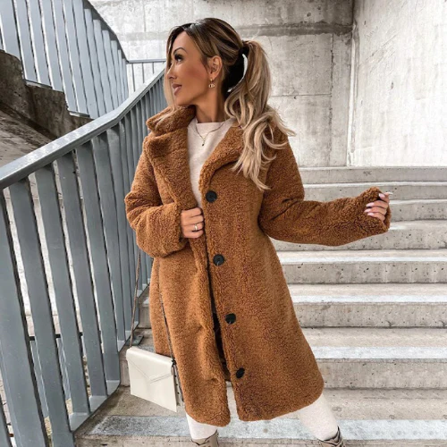 Teddy Coat with Notched Collar Button Front for Women