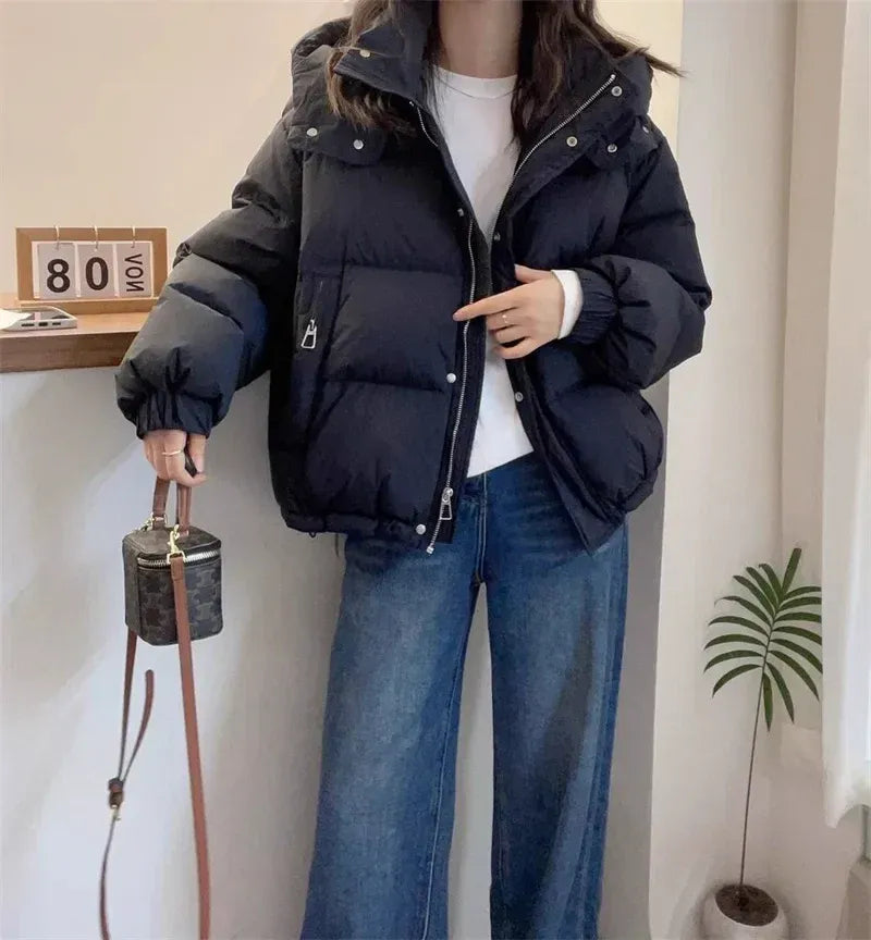 Hooded Puffer Jacket with High Neck for Women