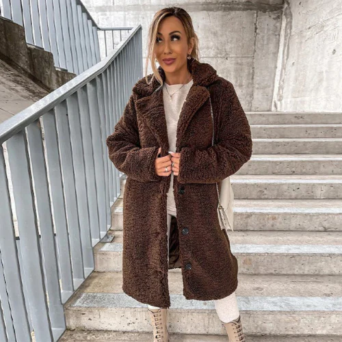 Teddy Coat with Notched Collar Button Front for Women