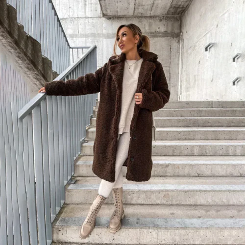 Teddy Coat with Notched Collar Button Front for Women