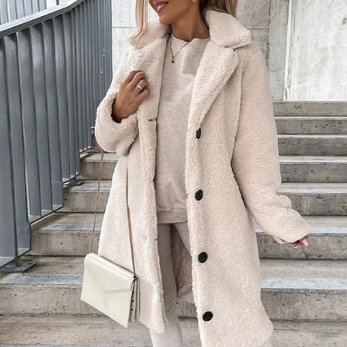 Teddy Coat with Notched Collar Button Front for Women