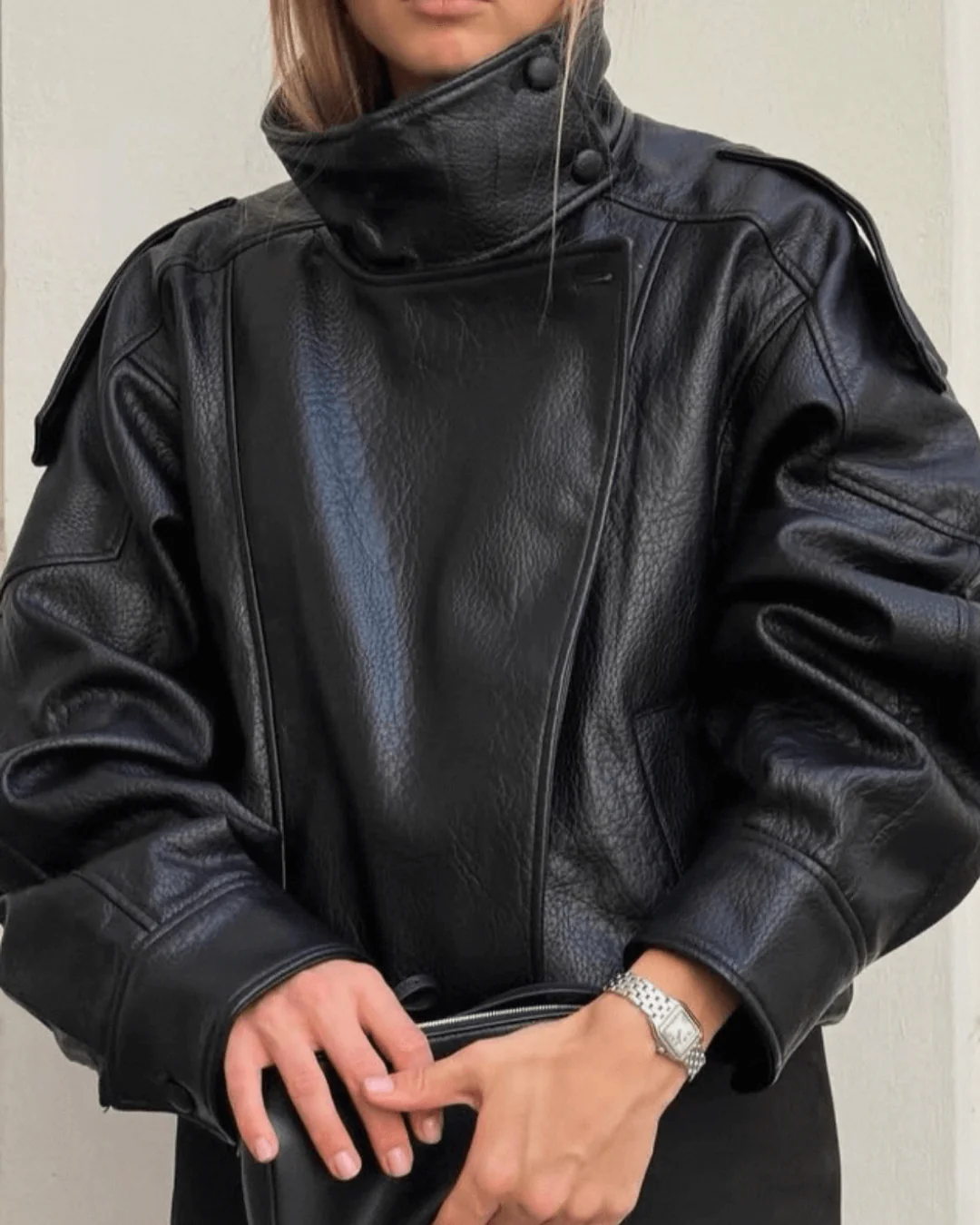 Faux Leather Jacket with High Neck for Women
