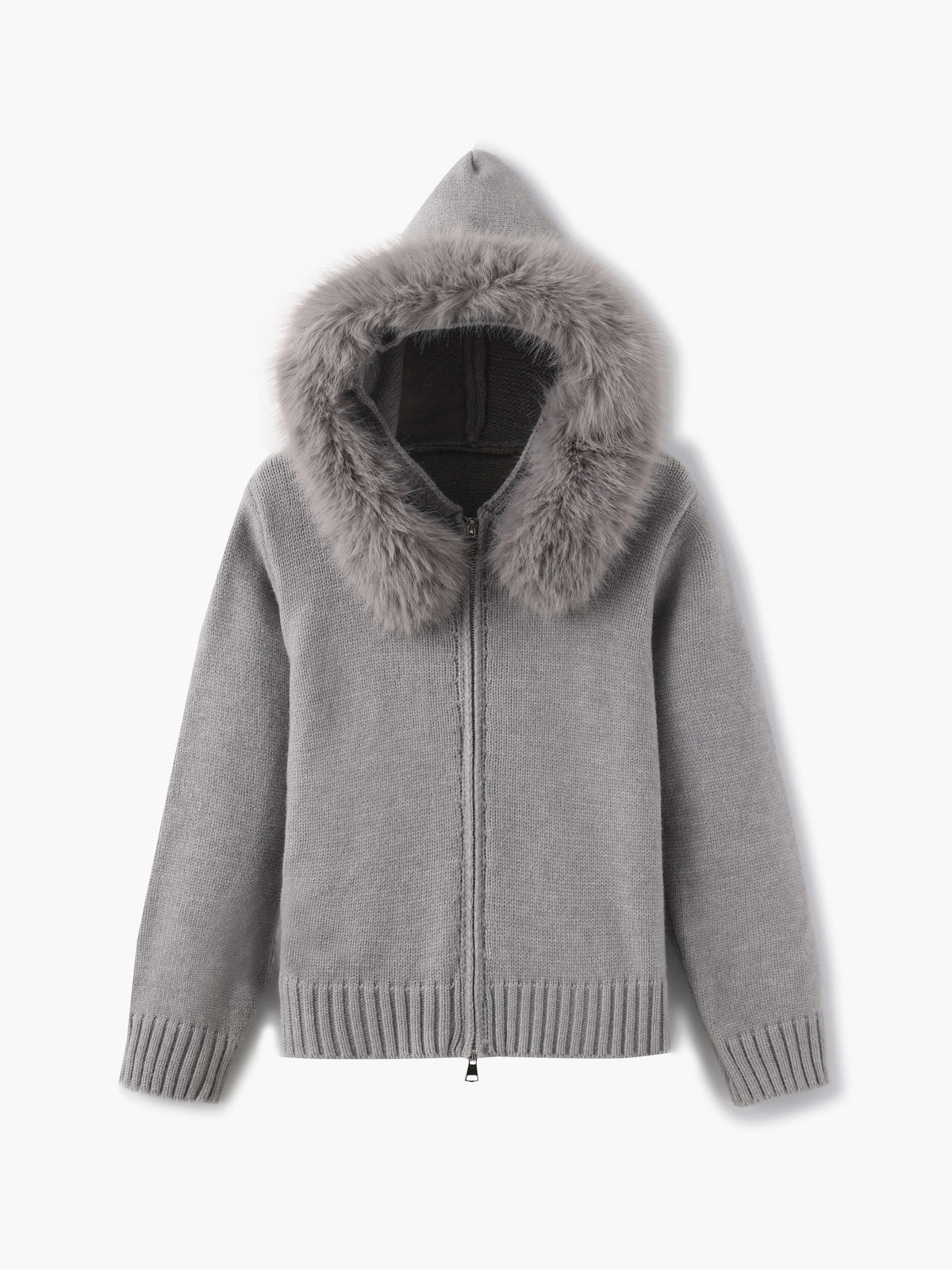 Knitted Zip Up Cardigan with Faux Fur Hood for Women