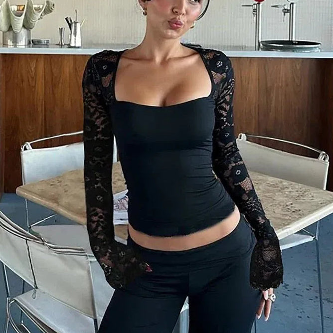 Lace Long Sleeve Top with Bell Sleeves for Women