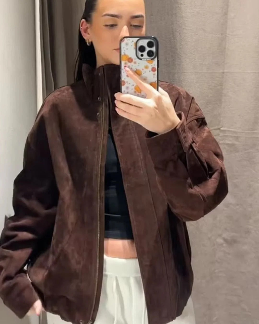 Faux Suede High Neck Bomber Jacket for Women