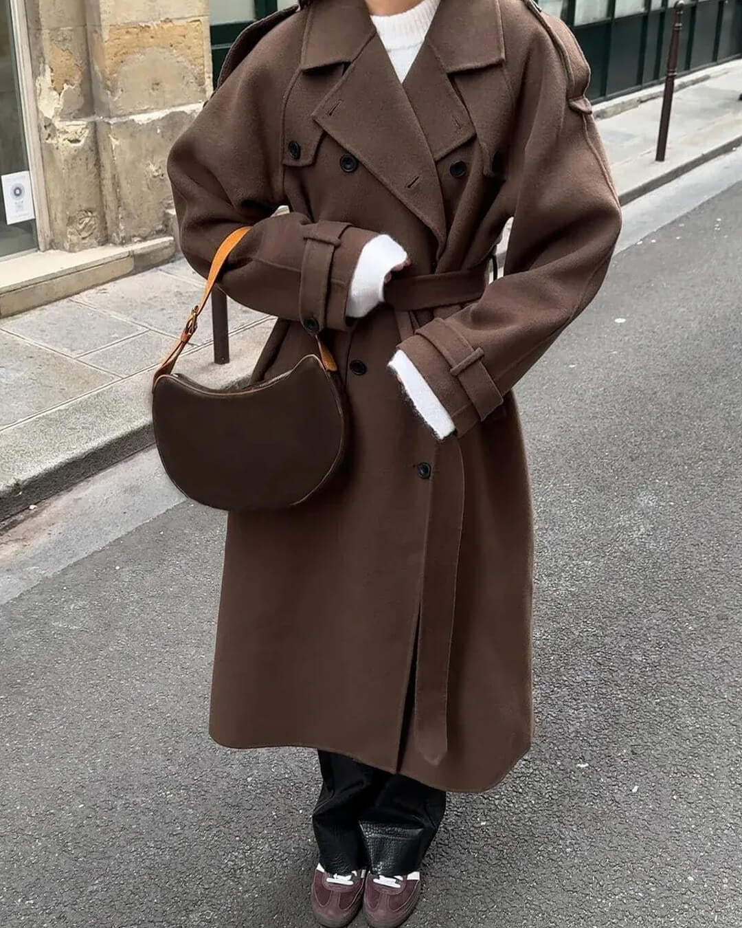 Wool Blend Double Breasted Long Overcoat for Women
