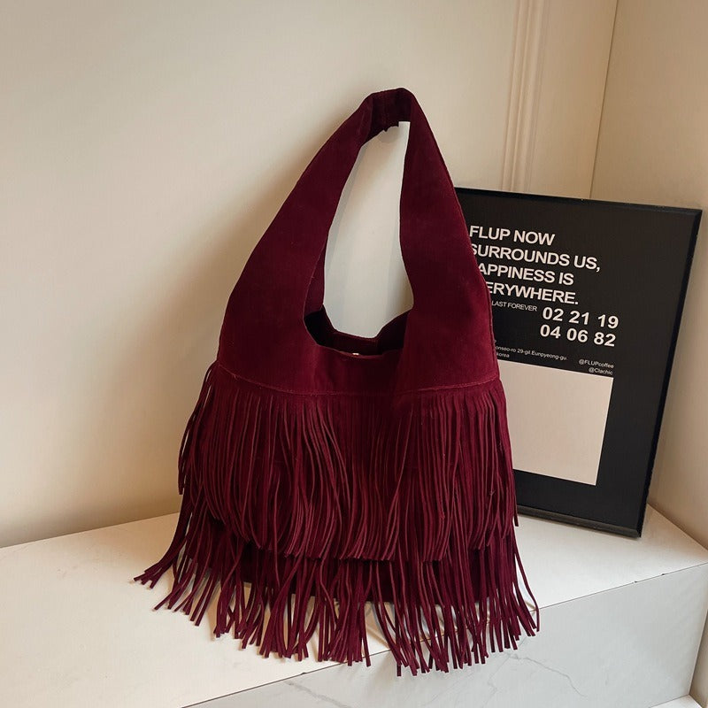 Faux Suede Fringe Shoulder Tote Bag for Women