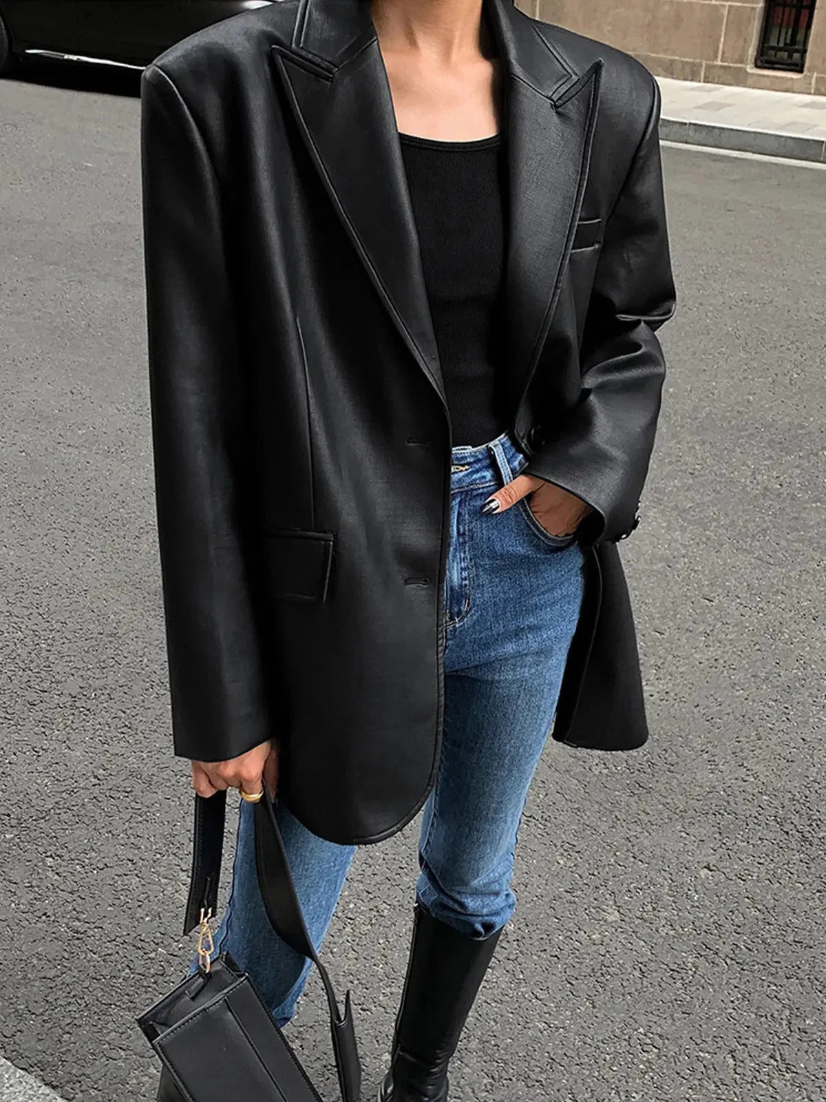 Faux Leather Oversized Blazer for Women