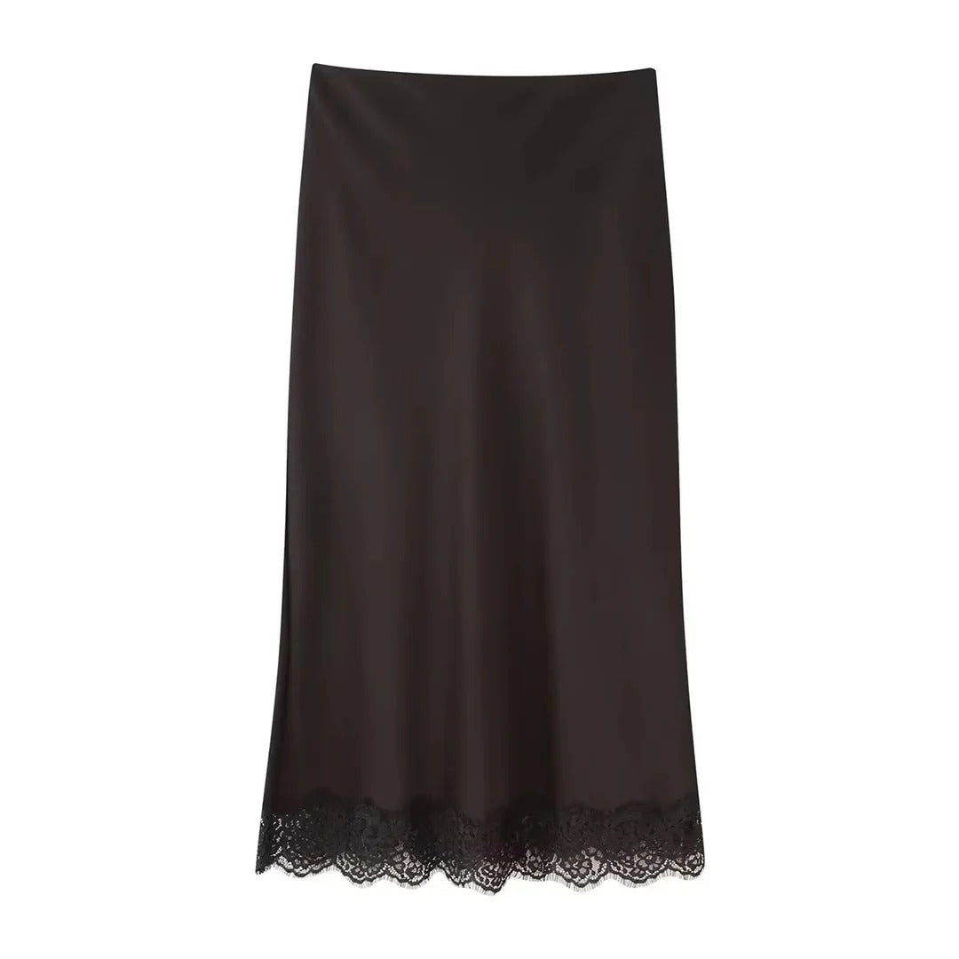 Satin Set with Lace Top and Midi Skirt for Women