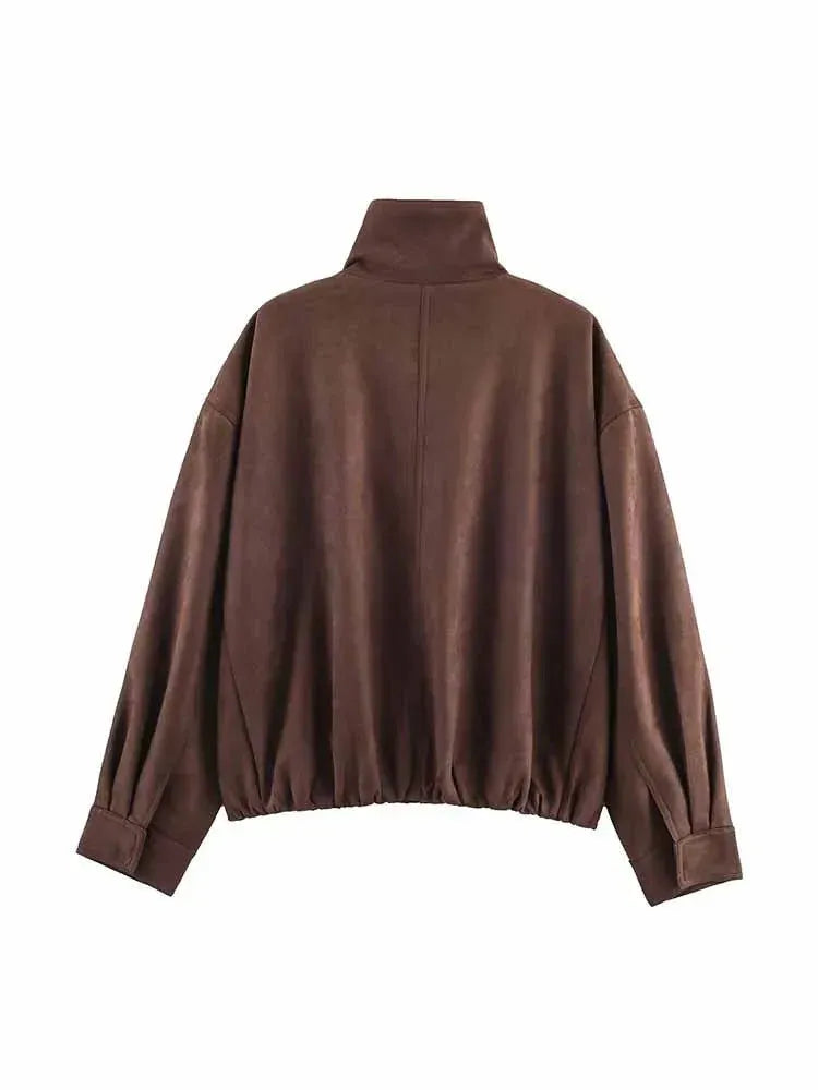 Faux Suede High Neck Bomber Jacket for Women