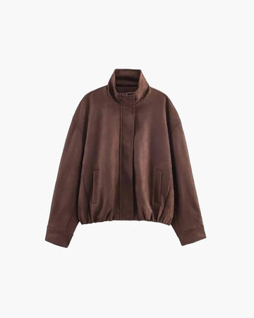 Faux Suede High Neck Bomber Jacket for Women