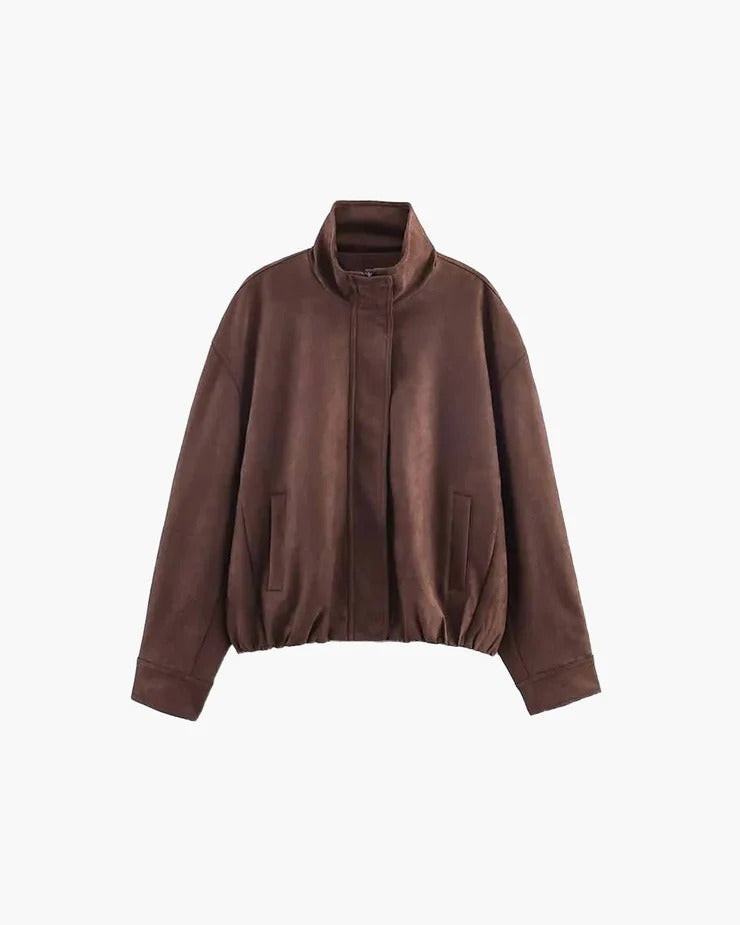 Faux Suede High Neck Bomber Jacket for Women