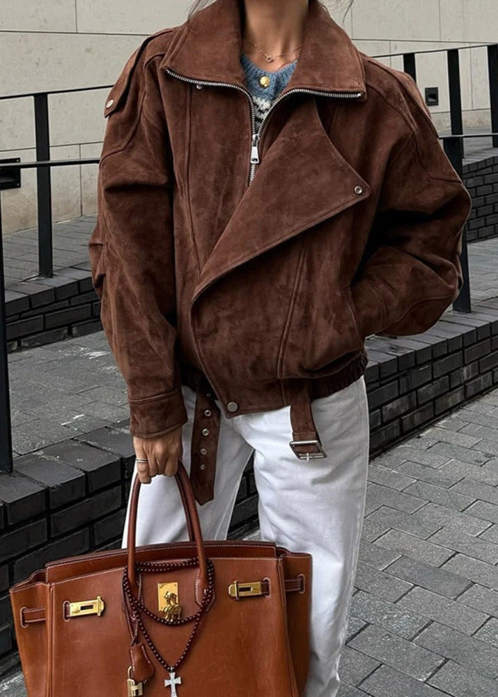 Faux Suede Oversized Bomber Jacket for Women