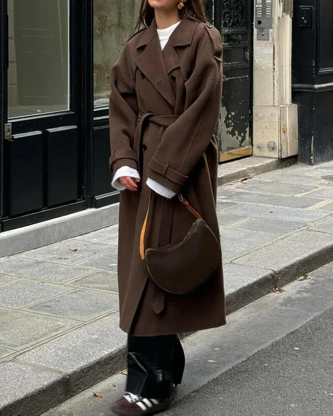 Wool Blend Double Breasted Long Overcoat for Women