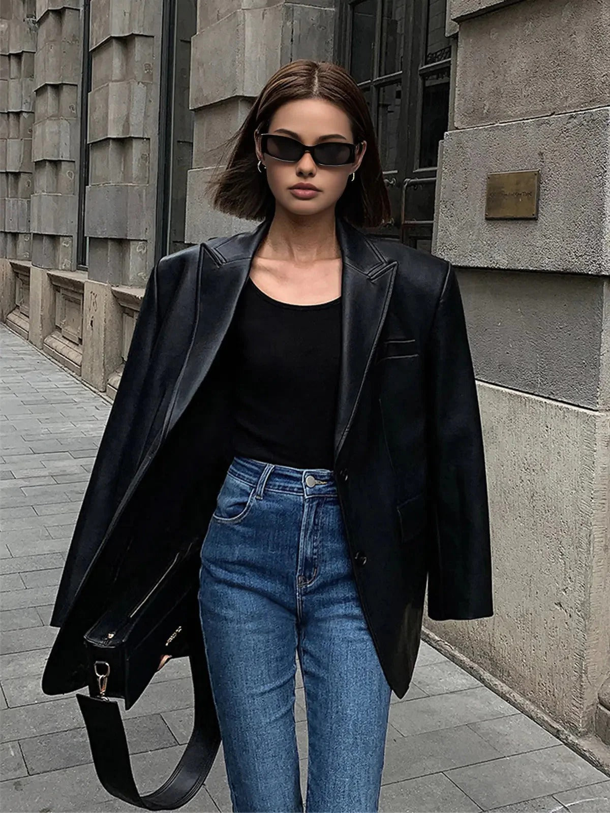 Faux Leather Oversized Blazer for Women