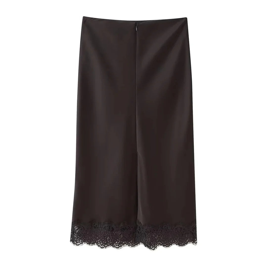 Satin Set with Lace Top and Midi Skirt for Women