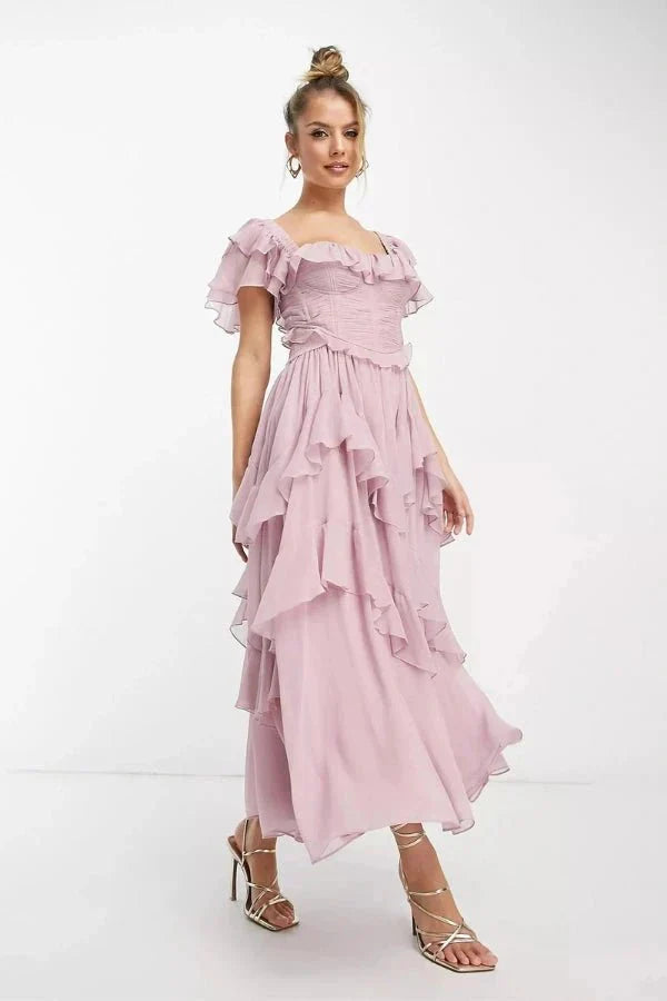 Sweetheart Neckline Ruffle Wedding Guest Midi Dress for Women