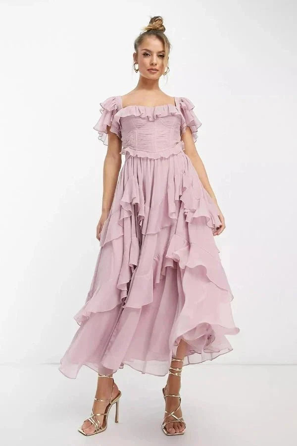 Sweetheart Neckline Ruffle Wedding Guest Midi Dress for Women