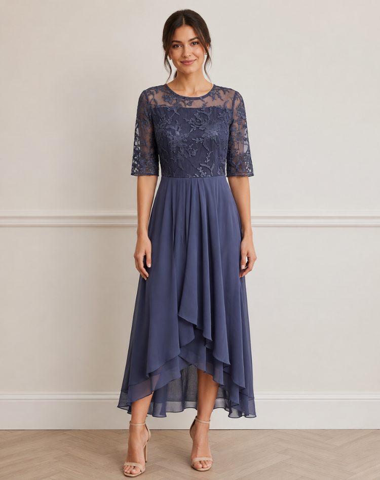 Lace Autumn Wedding Guest Midi Dress with Three-Quarter Sleeves for Women