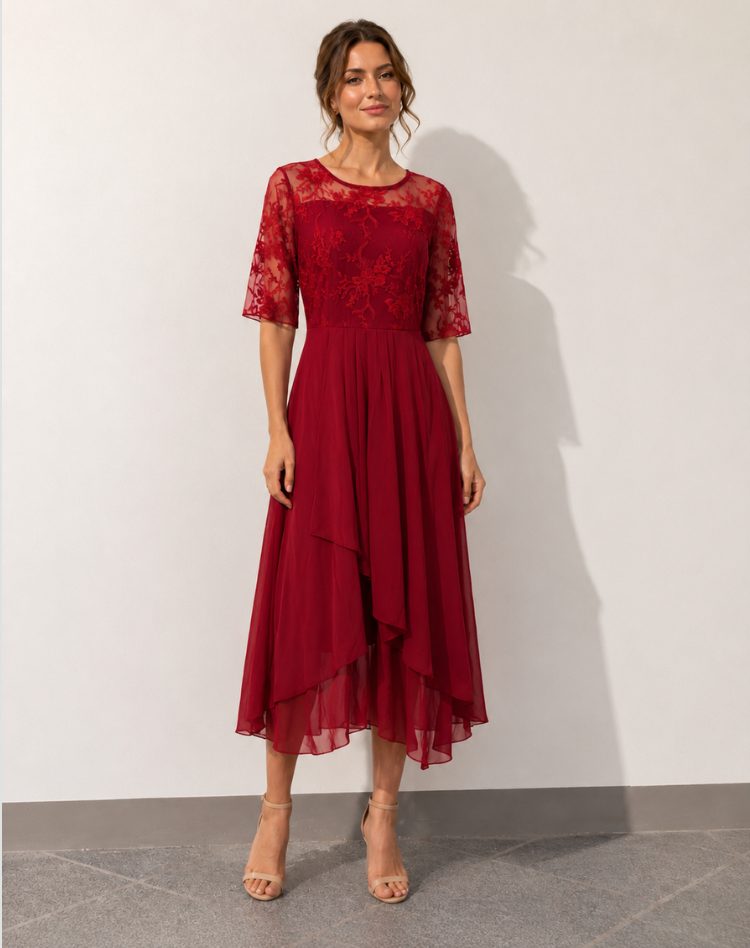 Lace Autumn Wedding Guest Midi Dress with Three-Quarter Sleeves for Women