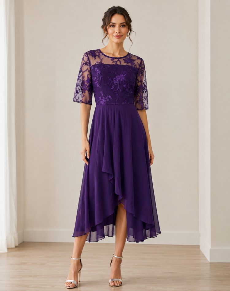 Lace Autumn Wedding Guest Midi Dress with Three-Quarter Sleeves for Women