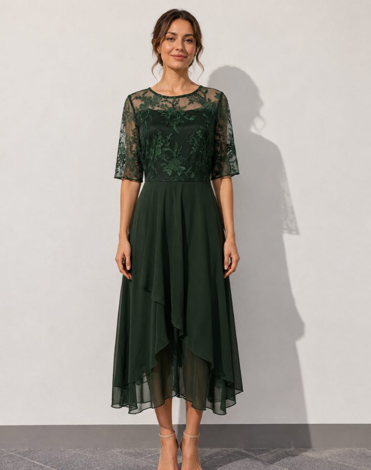Lace Autumn Wedding Guest Midi Dress with Three-Quarter Sleeves for Women