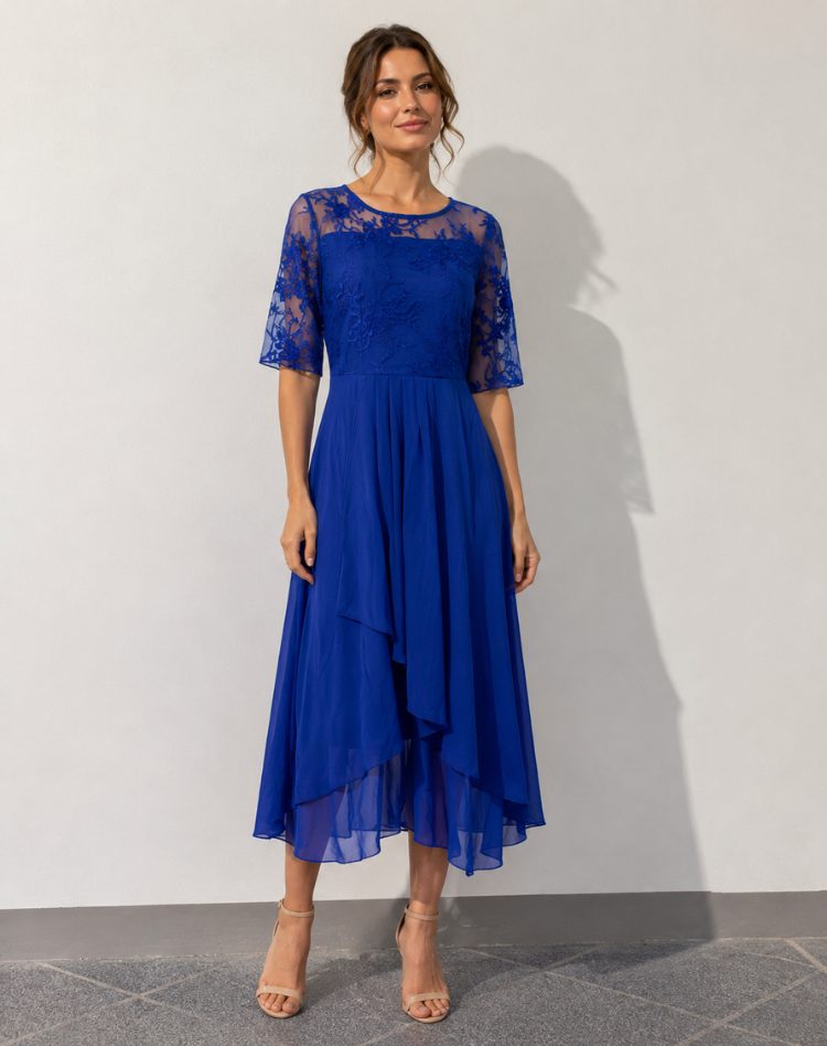 Lace Autumn Wedding Guest Midi Dress with Three-Quarter Sleeves for Women