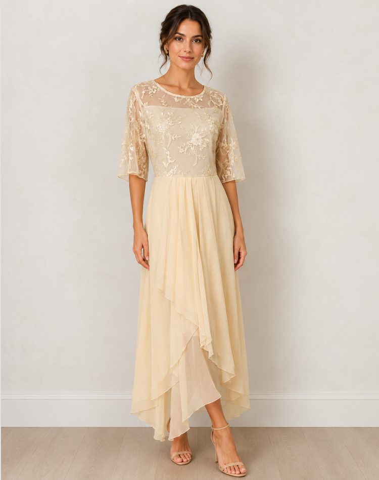 Lace Autumn Wedding Guest Midi Dress with Three-Quarter Sleeves for Women