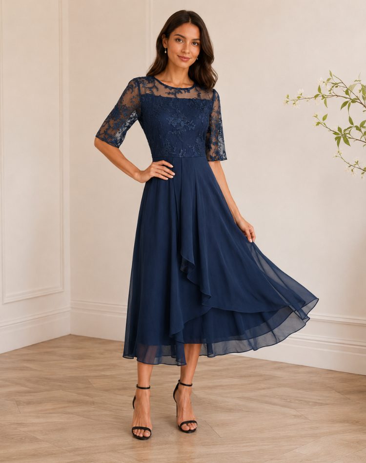 Lace Autumn Wedding Guest Midi Dress with Three-Quarter Sleeves for Women