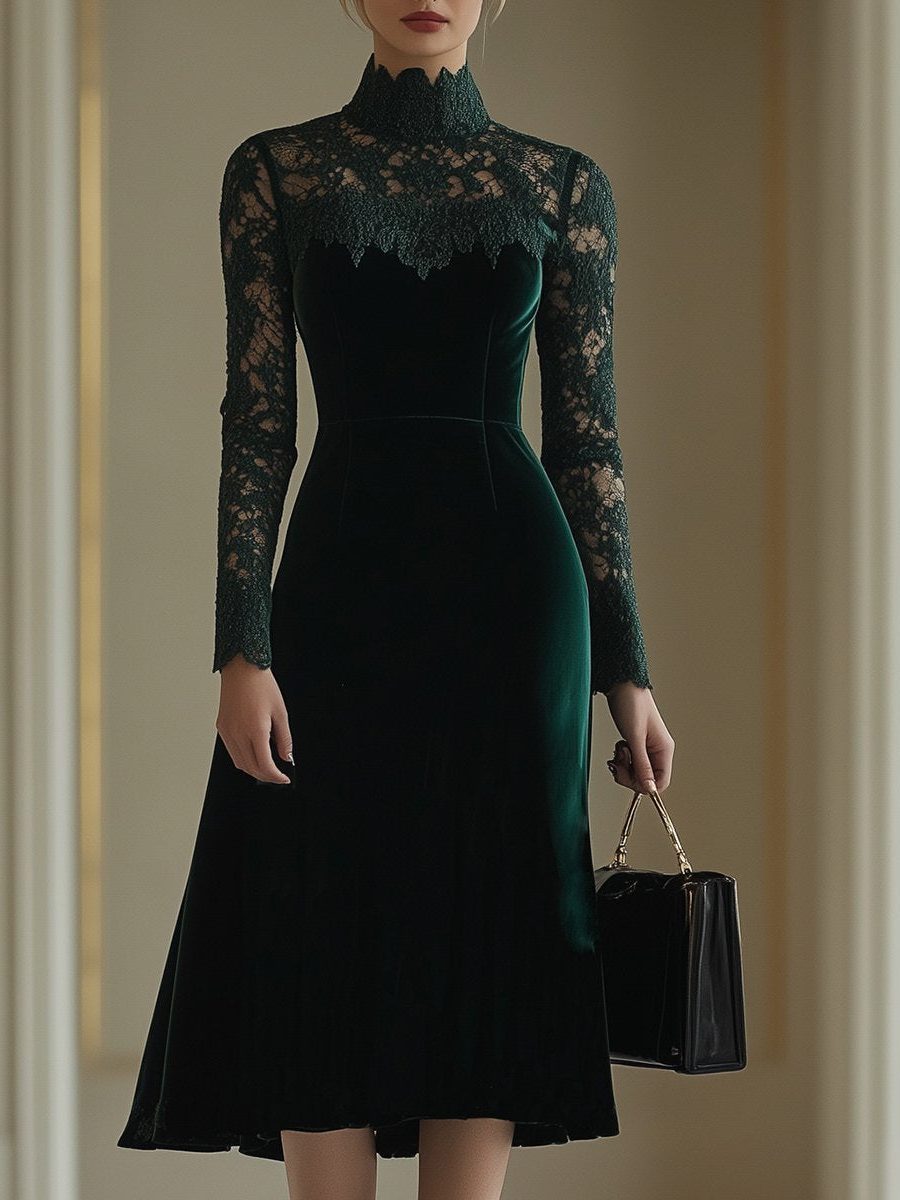 Lace Roll Neck Autumn Wedding Guest Midi Dress for Women