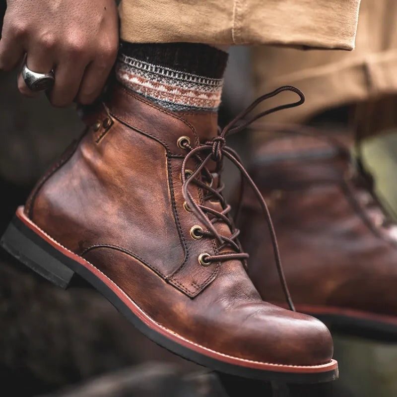 Lace-Up Leather Ankle Boots with Block Heel for Men