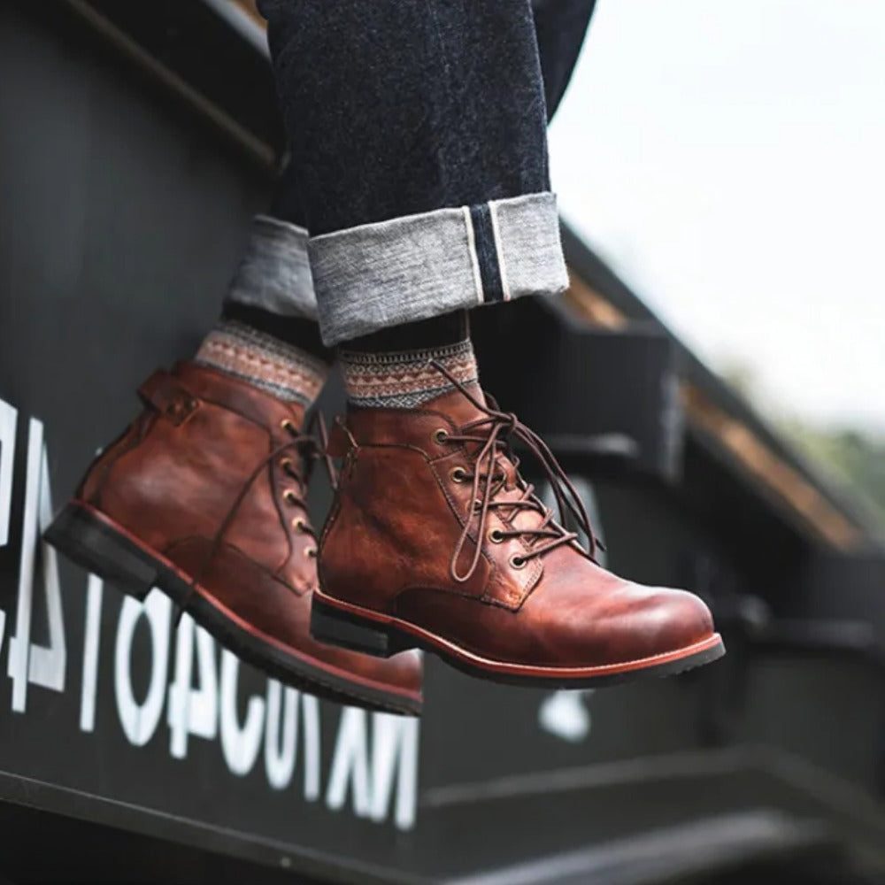Lace-Up Leather Ankle Boots with Block Heel for Men - View 3
