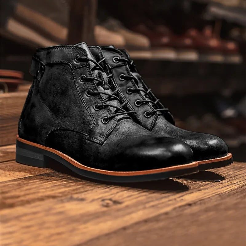 Lace-Up Leather Ankle Boots with Block Heel for Men - View 5