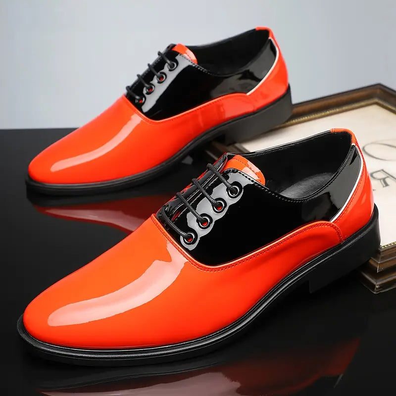 Lace-Up Patent Dress Shoes for Men - Orange and Black