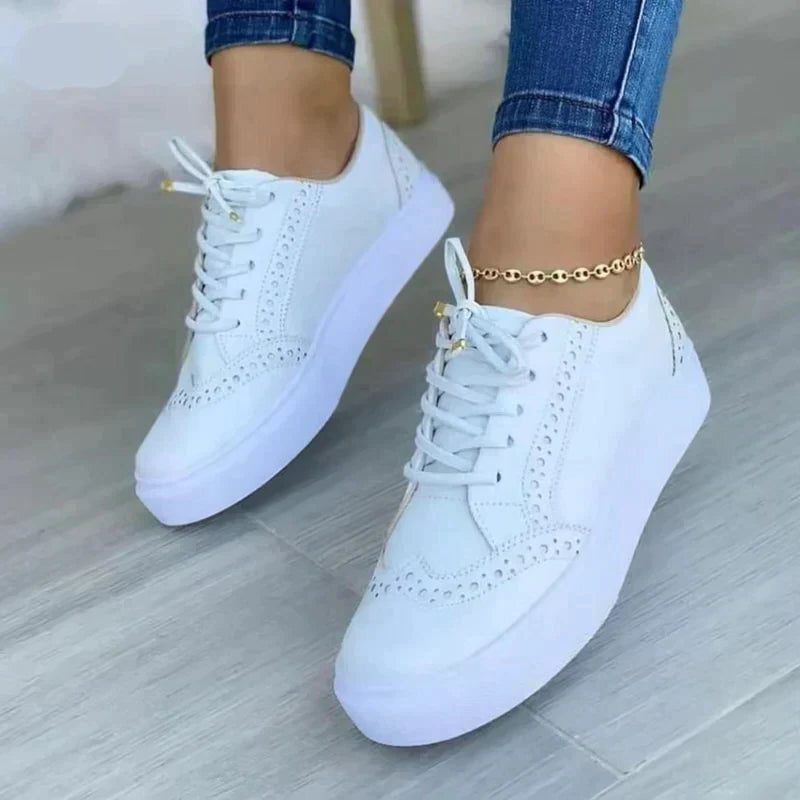 Lace-Up Platform Trainers with Wingtip Detail for Women - White